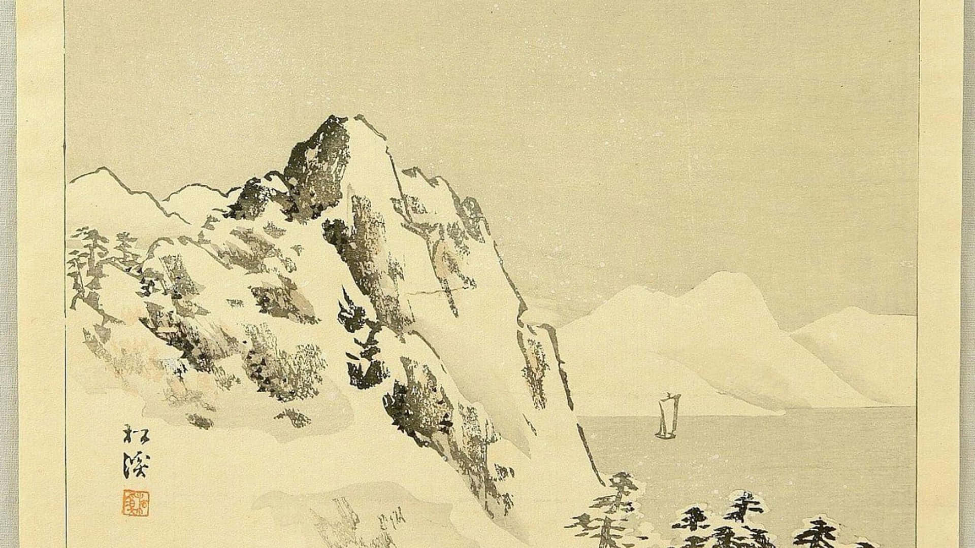 A Painting Of A Mountain With Trees And Snow Wallpaper