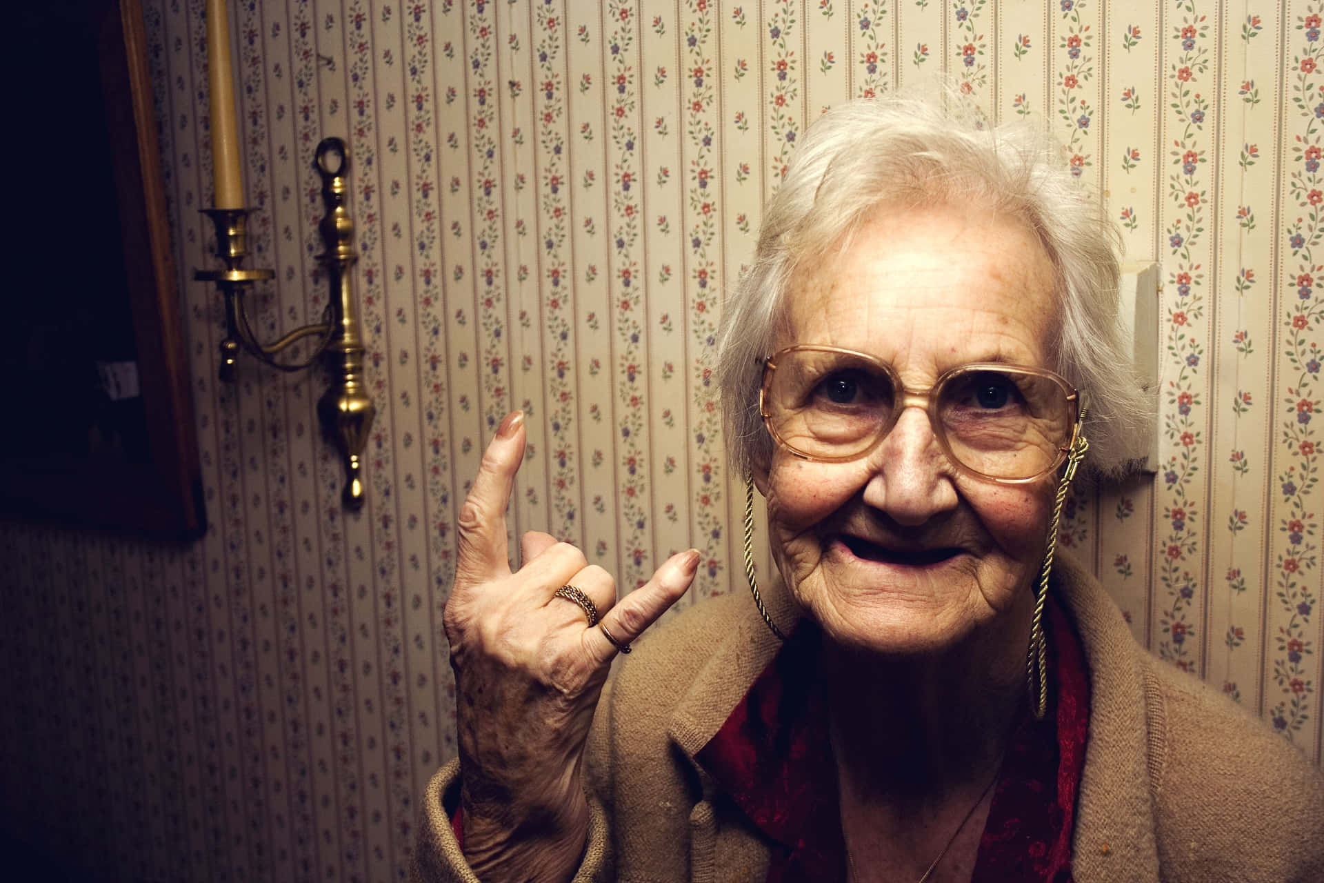 Old Lady Rock On Hand Signal Wallpaper