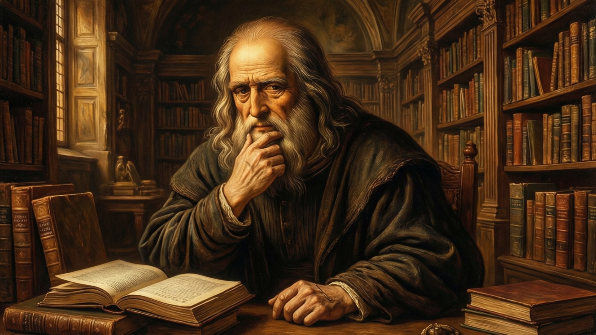 Aged Leonardo Da Vinci contemplating in a library