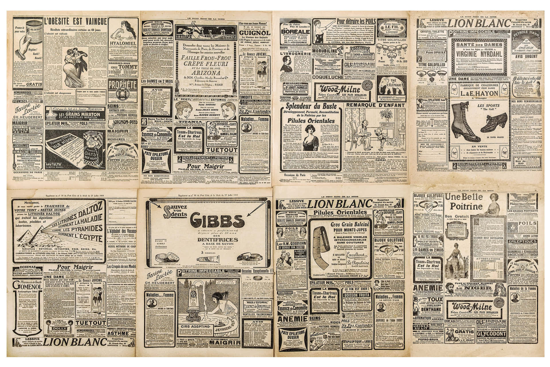Unacolección De Páginas De Periódicos Antiguos Con Anuncios Publicitarios