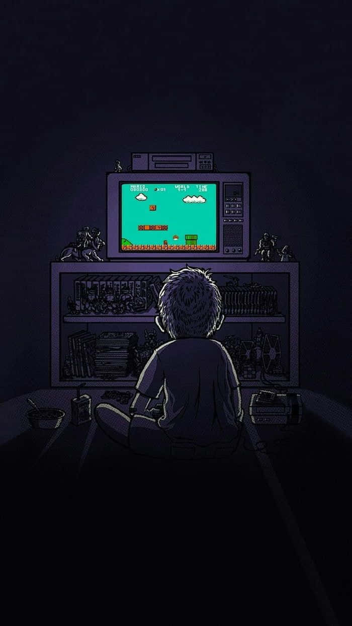 Einmann Sitzt Vor Einem Fernseher Und Spielt Videospiele. Wallpaper