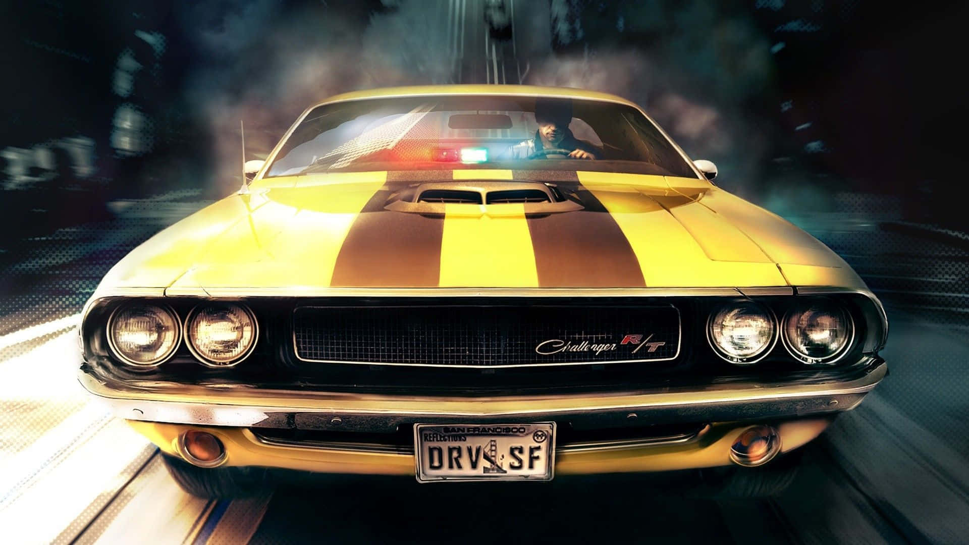 A Yellow Muscle Car Driving Down The Street Wallpaper