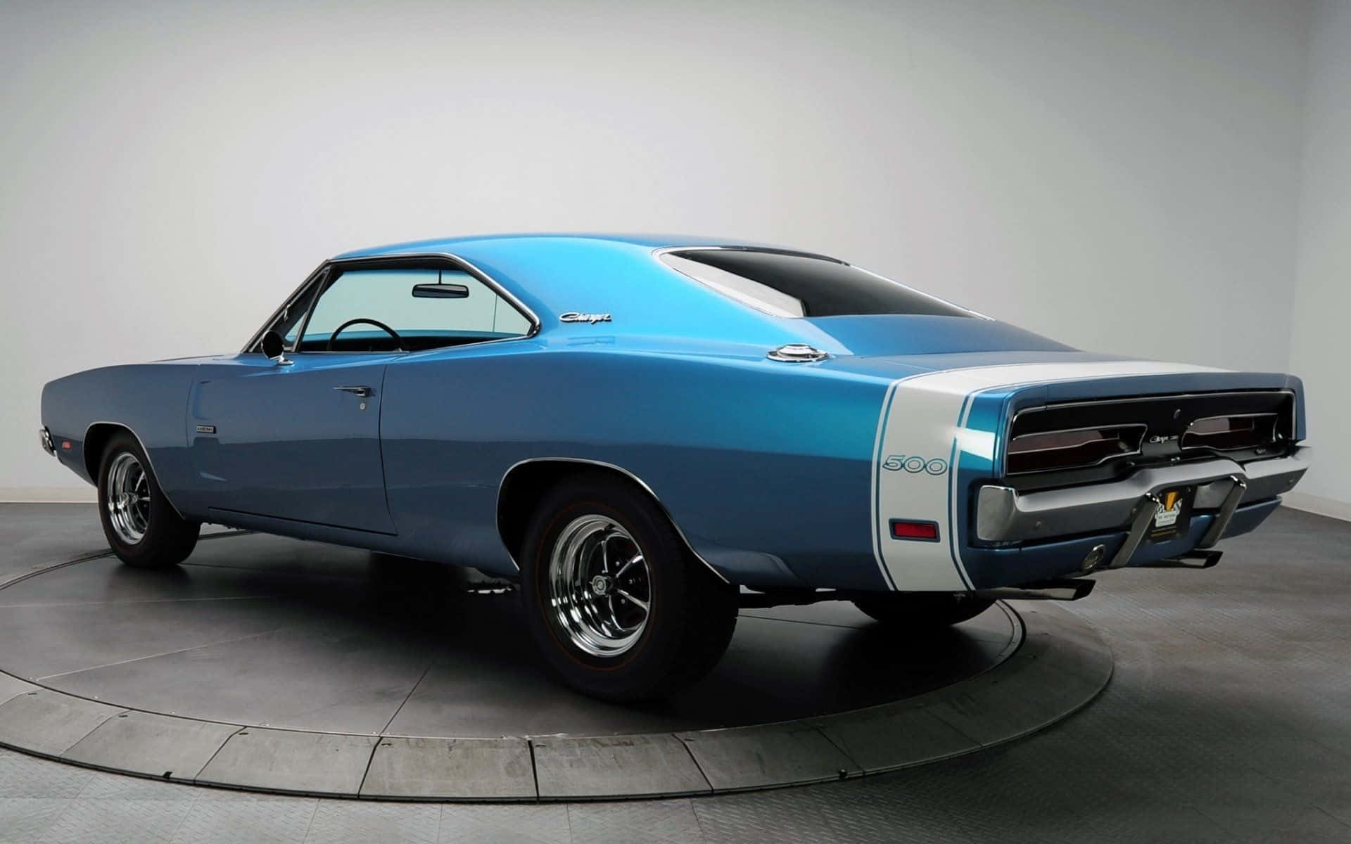 A Blue Muscle Car Is Parked In A Room Wallpaper