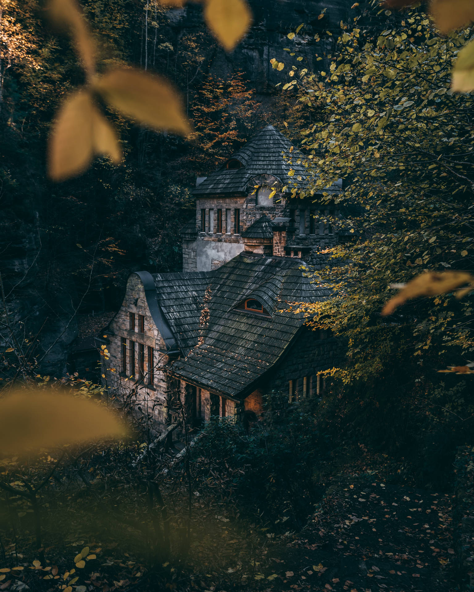 Old stone house in forest far aerial view wallpaper.