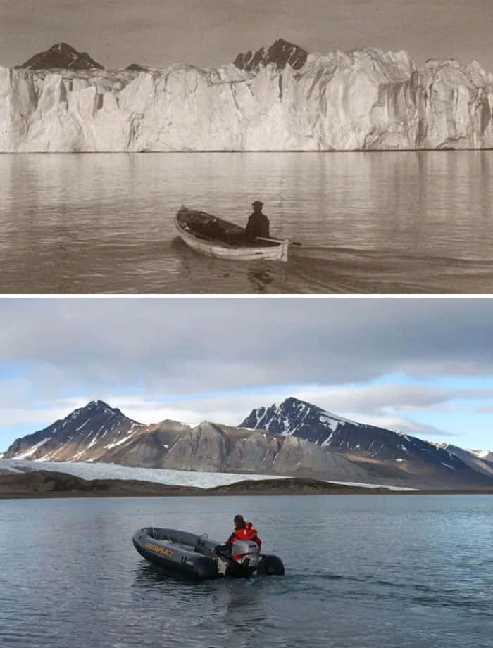 Unuomo Su Una Barca E Un Iceberg