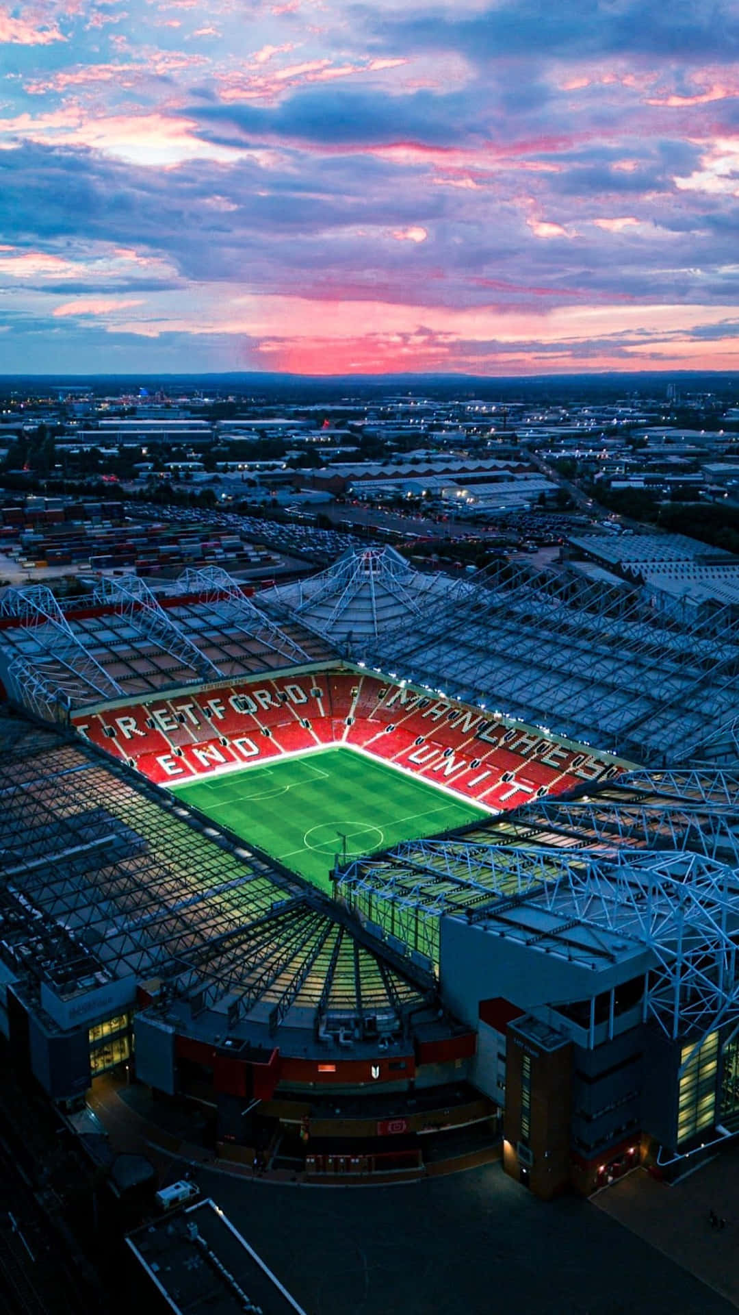 Old Trafford Stadium Sunset Aerial View Wallpaper