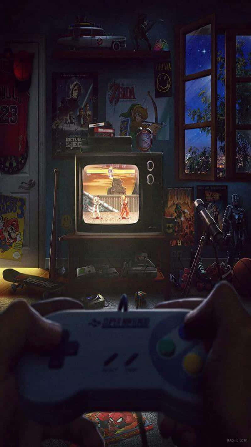 A Retro Gamer Enjoying an Old Video Game Wallpaper