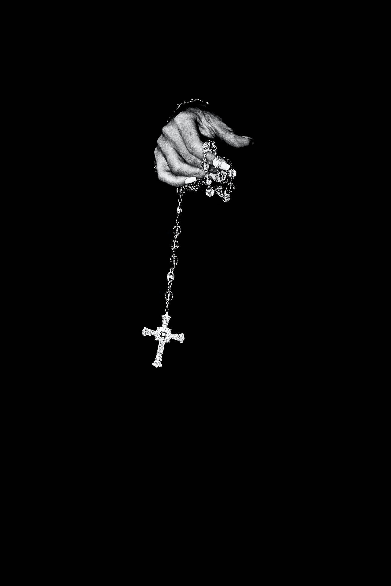 Old White Rosary Cool Black Background