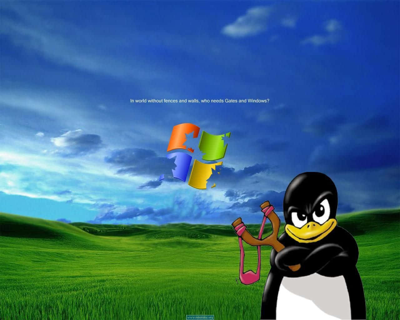 A Penguin Is Standing In Front Of A Green Field