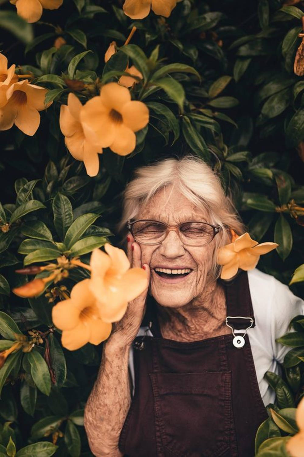 Old Woman Posing On Yellow Bell Flowers Wallpaper