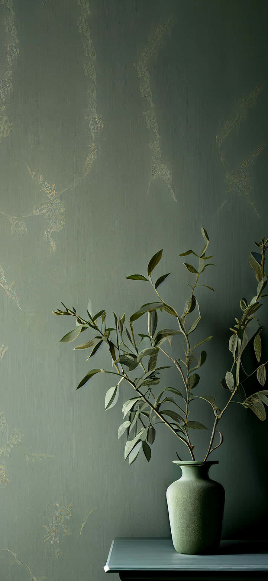 Olive Green Vaseand Branches Wallpaper