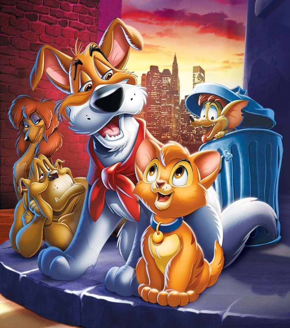 Animated movie characters Oliver, Dodger, and friends embark on a fun adventure in New York City Wallpaper