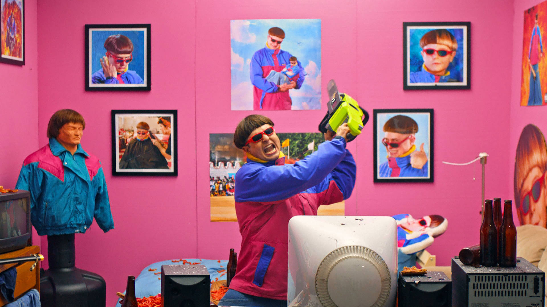 Oliver Tree With Neon Green Chainsaw Wallpaper