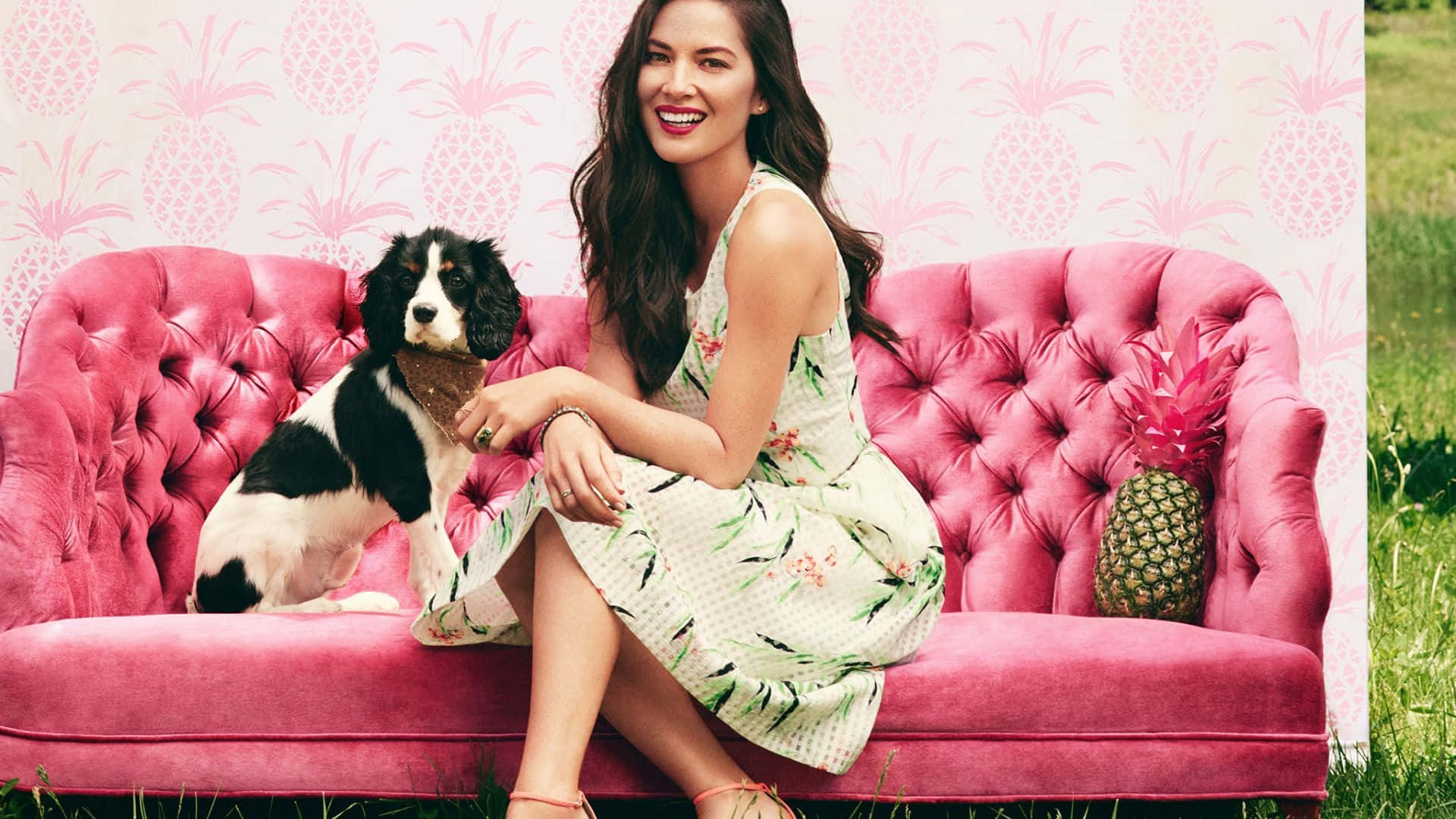 Olivia Munn Summer Style With Dog Wallpaper