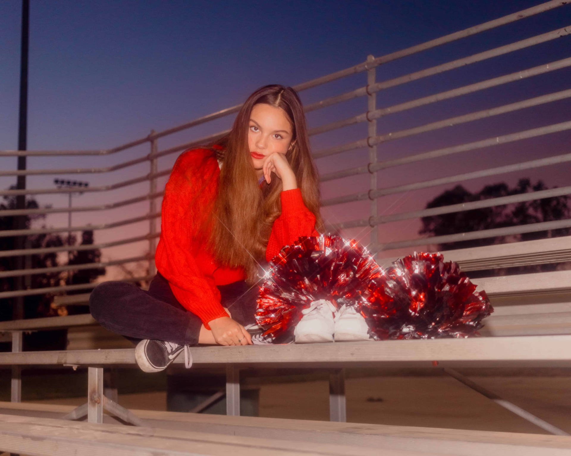 Olivia Rodrigo Bleachers Red Cheerleader Background
