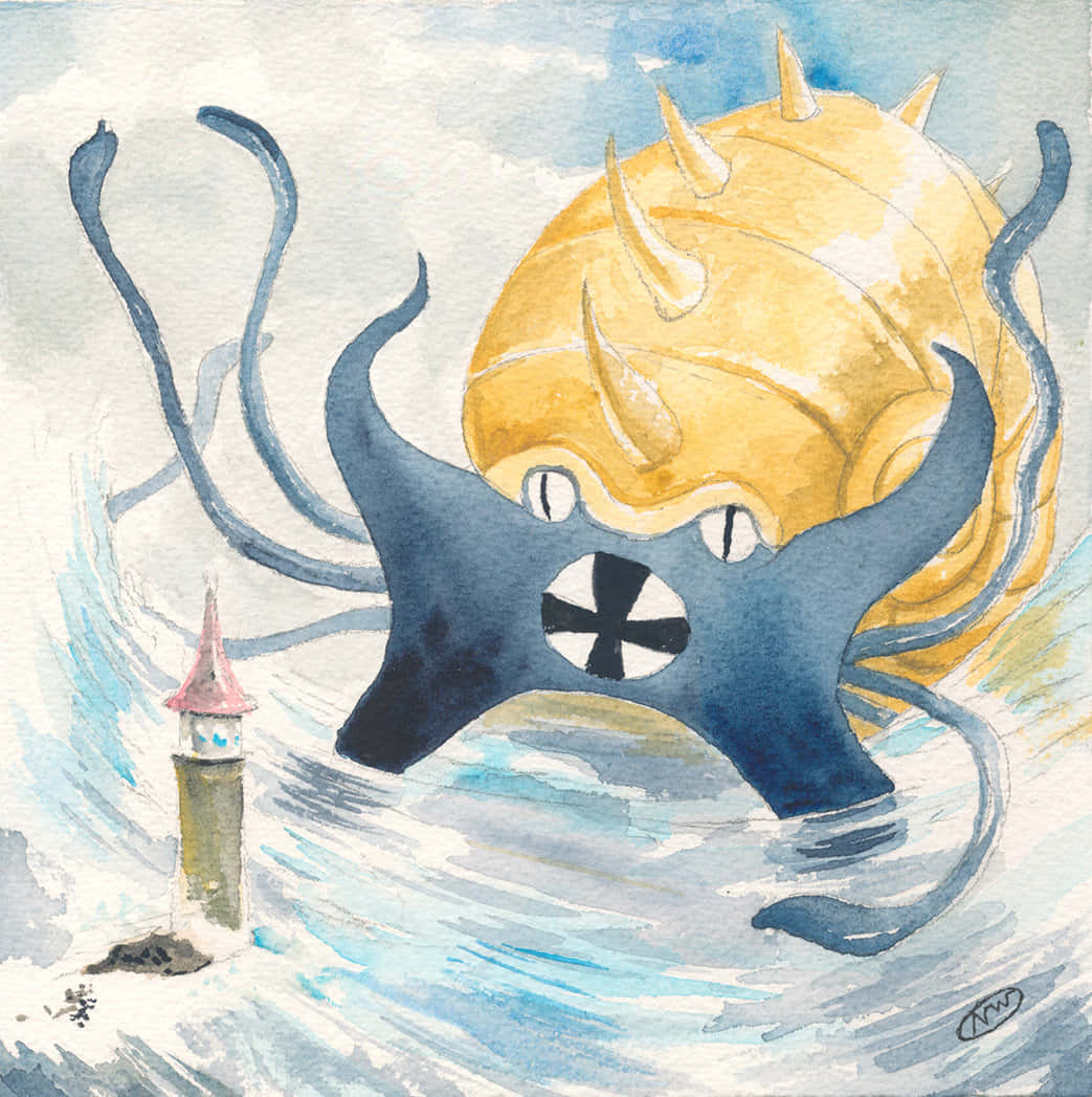 Omastar And A Lighthouse Watercolor Wallpaper