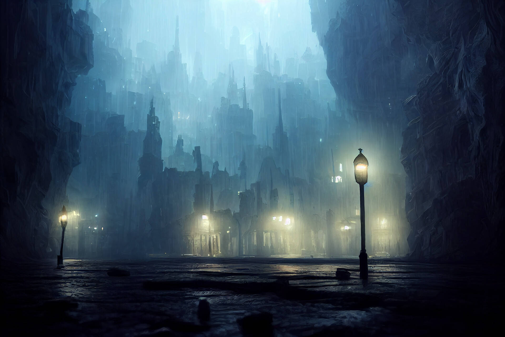 Ominous Foggy Village In The Night Background