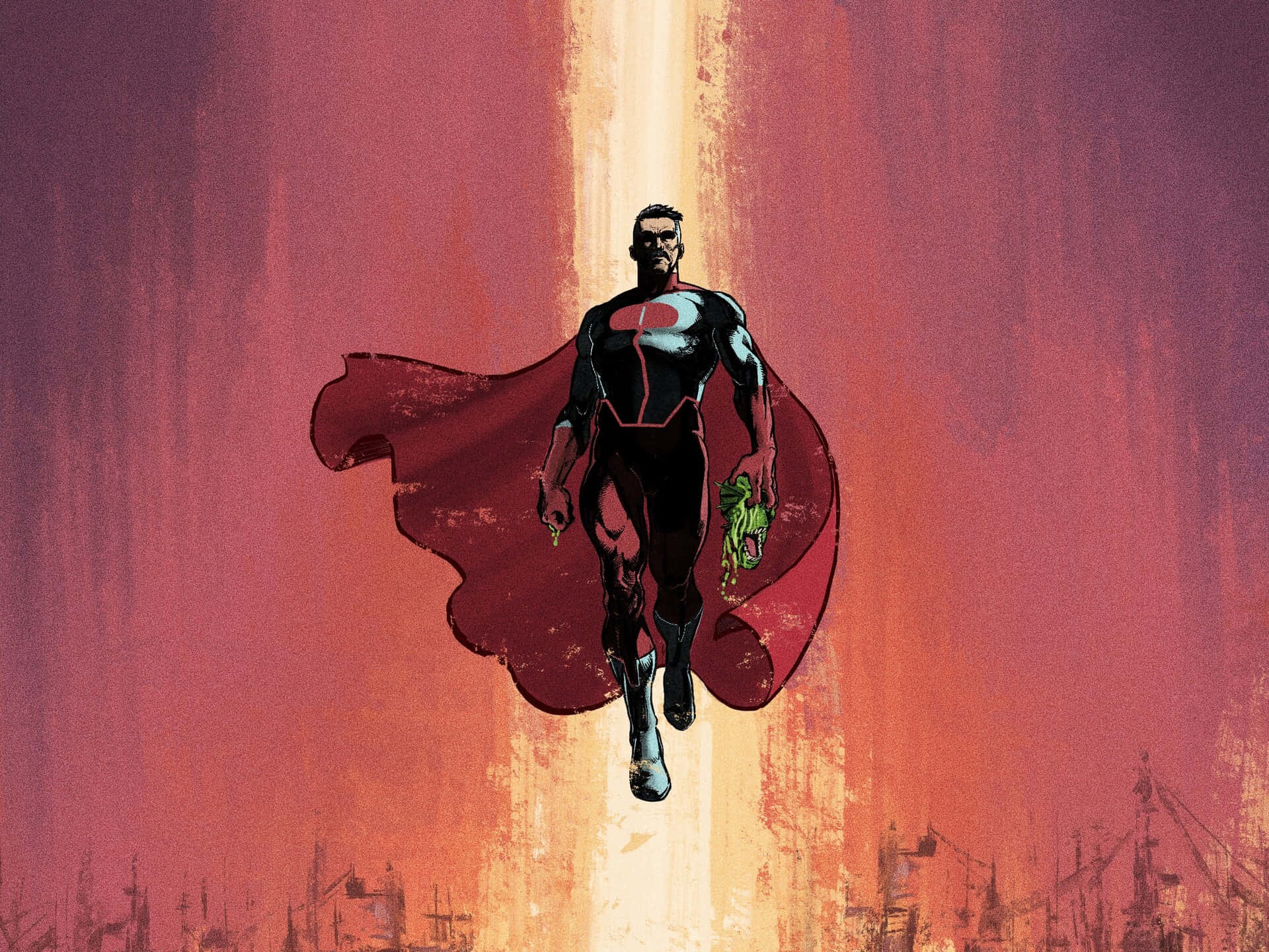 Superman flyver over en by med en rød kappe Wallpaper