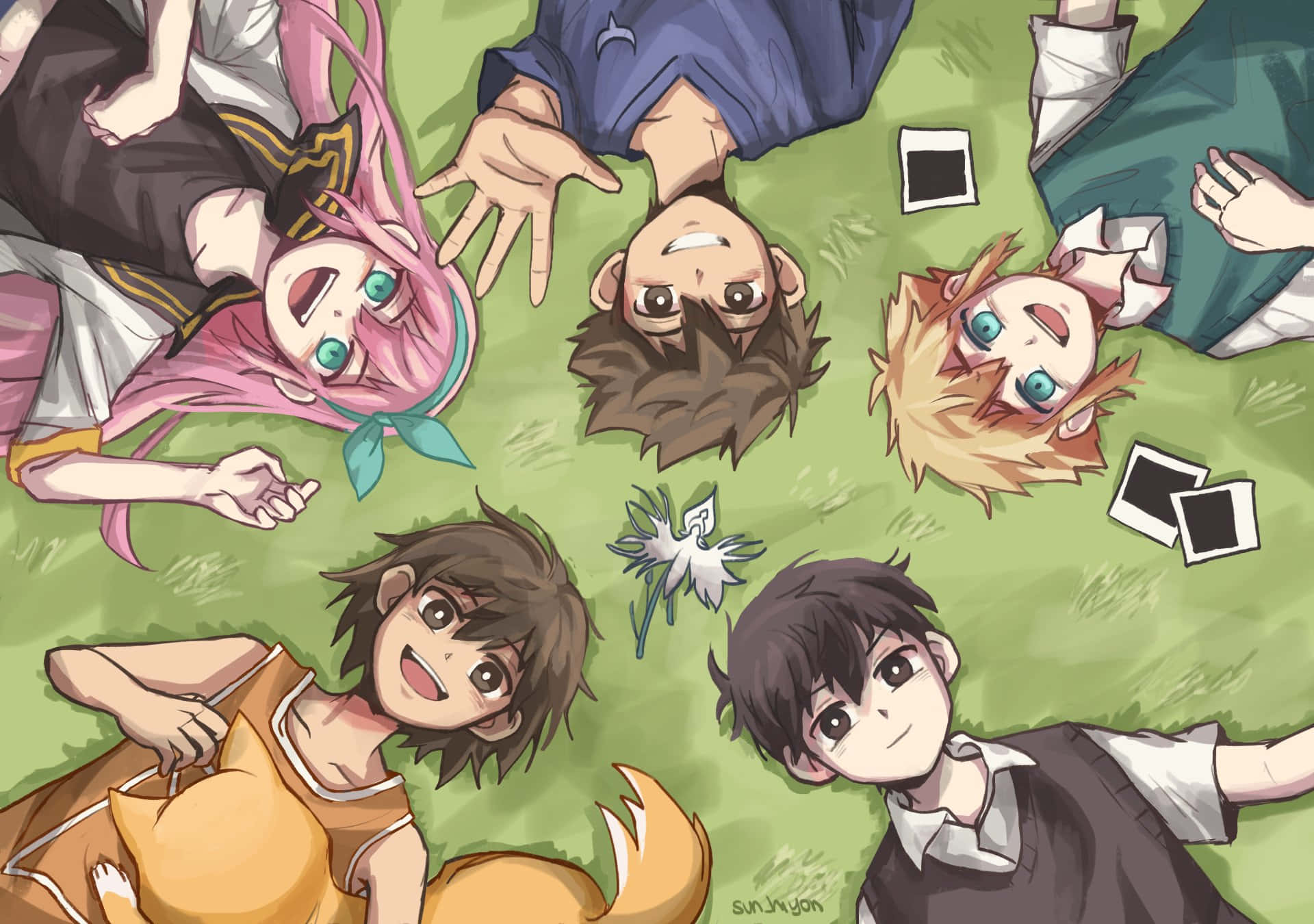A Group Of Anime Characters Laying On The Grass