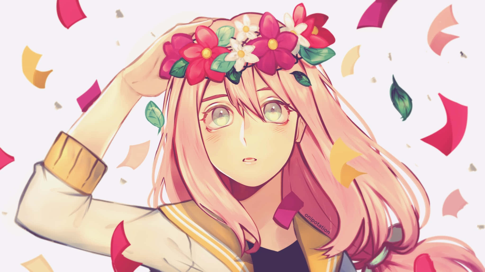 A Girl With Pink Hair Wearing A Flower Crown