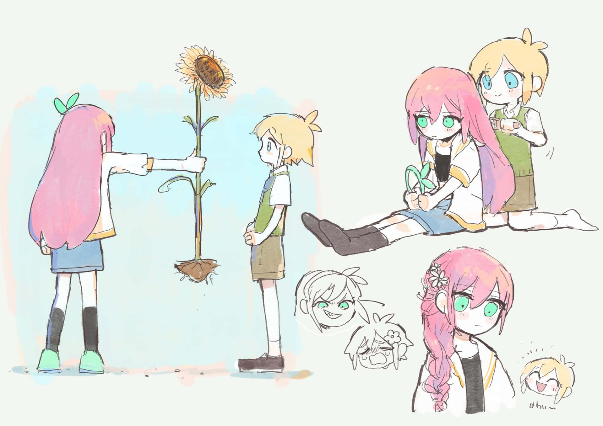 Einmädchen Mit Pinkem Haar Und Ein Mädchen Mit Einer Blume