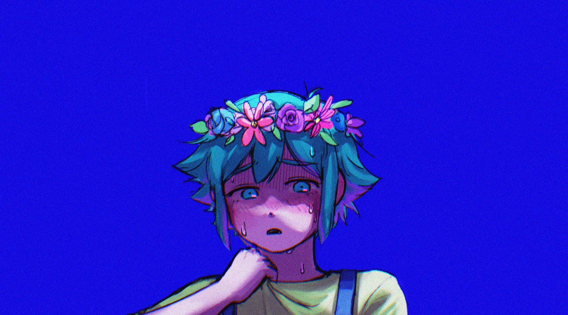 A Girl With Blue Hair And Flowers On Her Head