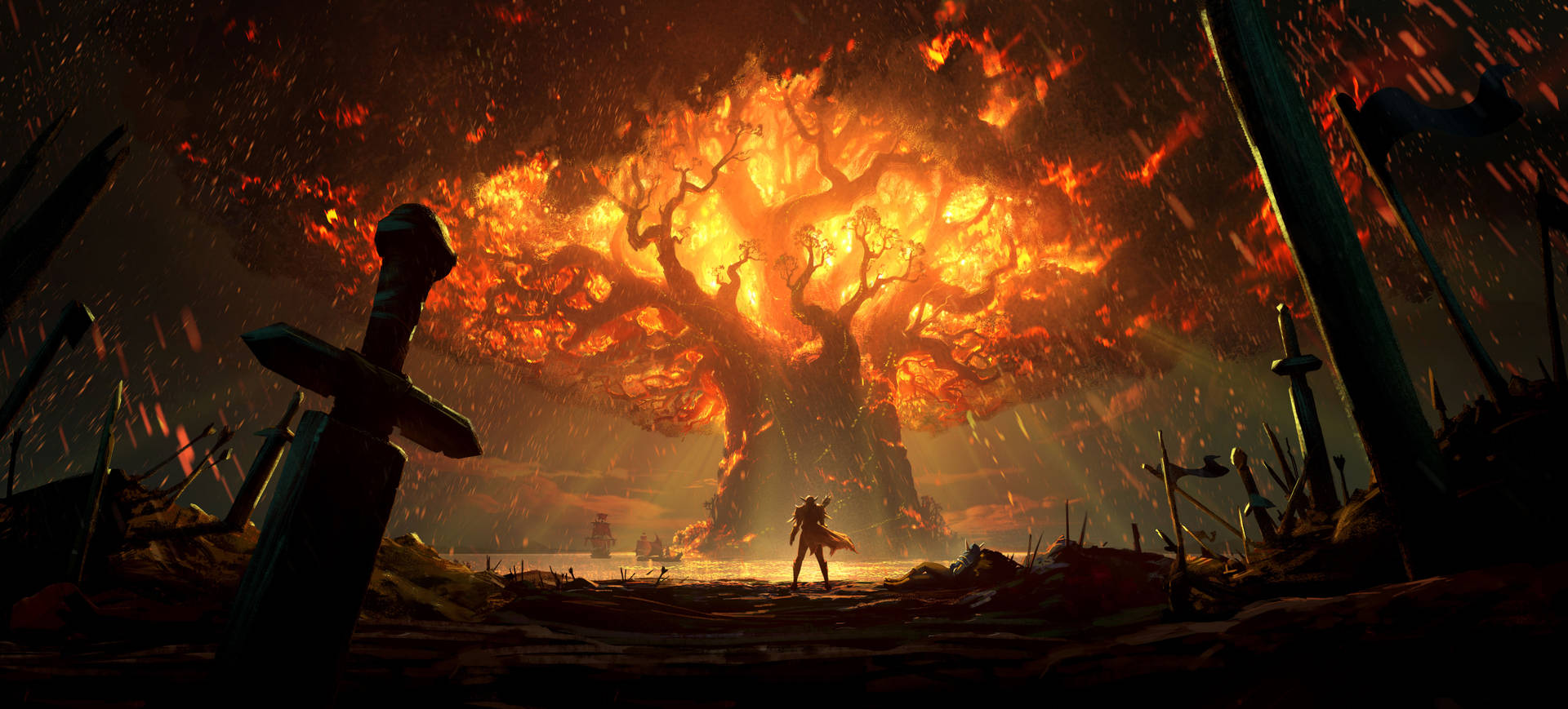 On Fire Huge Tree
