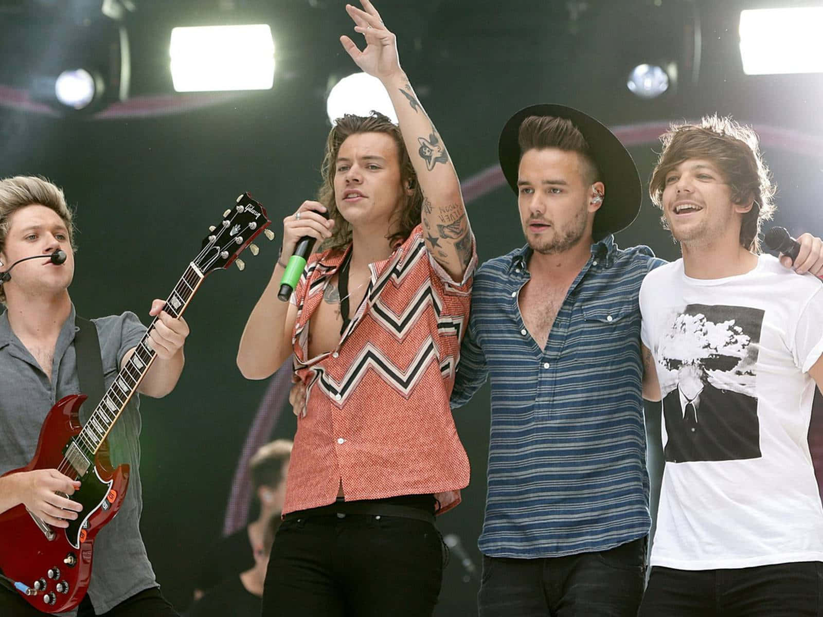 __ "1D Forever!" The iconic boy band One Direction on stage, performing for devoted fans.