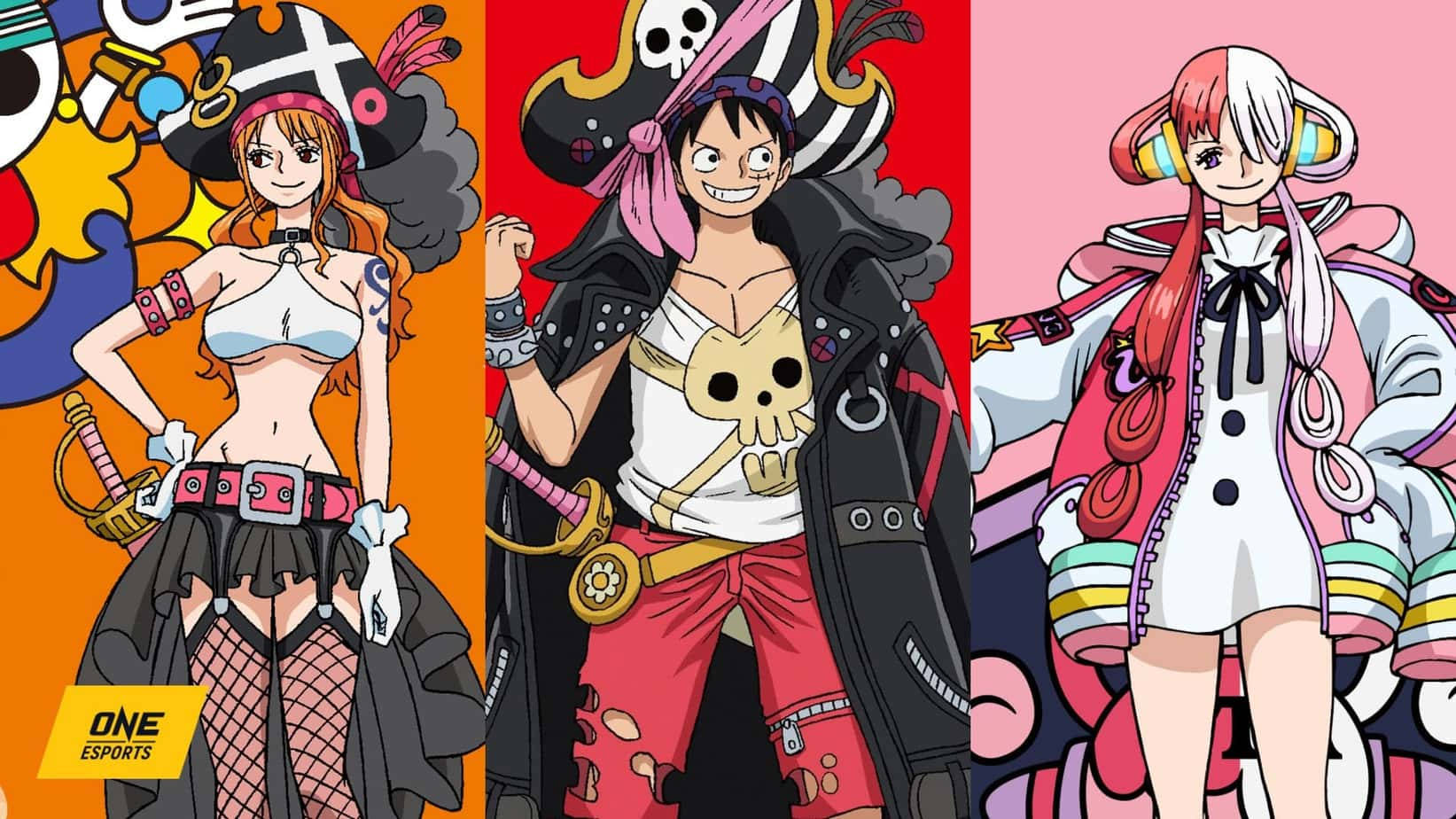 Download One Piece Film Red Nami, Luffy, And Uta Wallpaper 