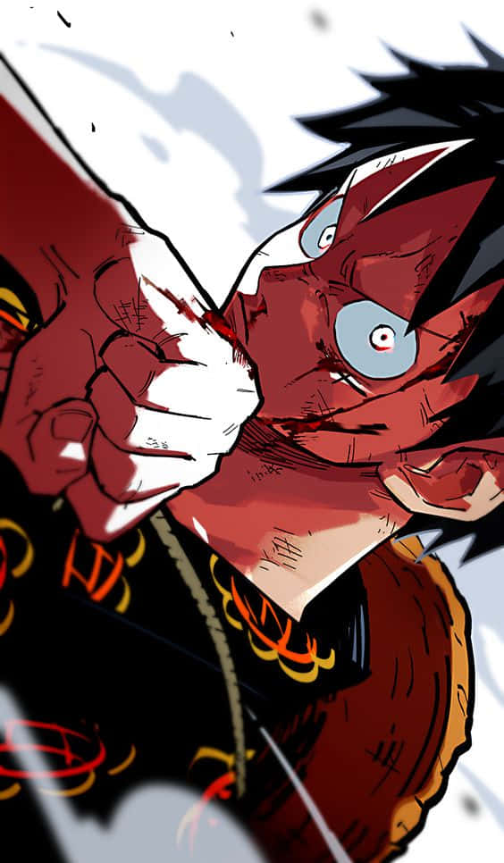 An illustration of the popular manga character Luffy from the series One Piece atop an iPhone. Wallpaper