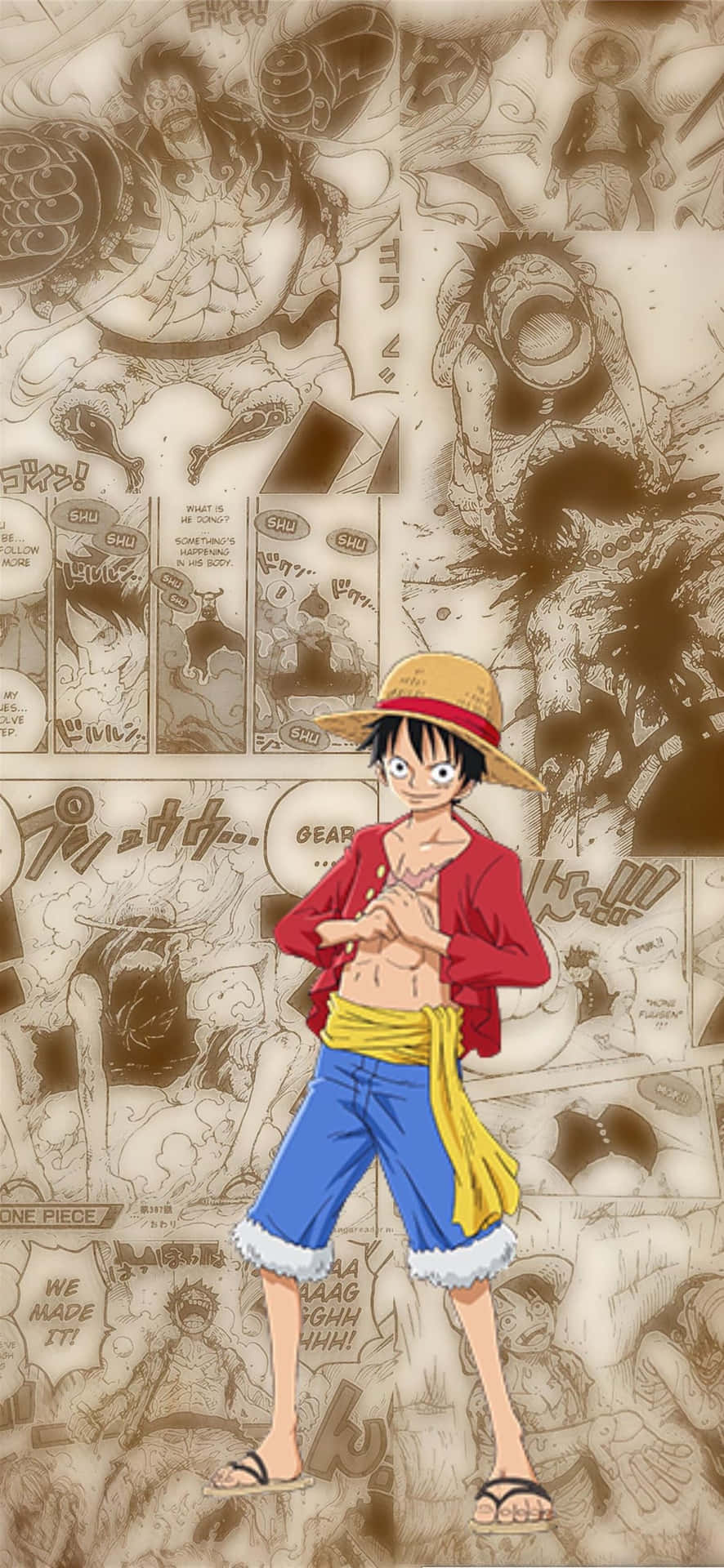 Luffy, the protagonist of the popular anime series One Piece, is all ready to adventure out on an epic journey. Wallpaper