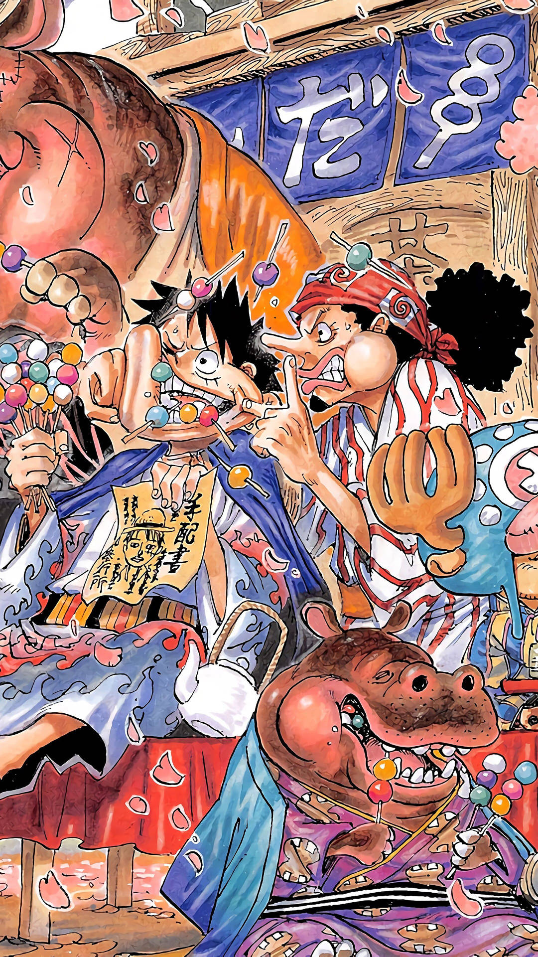 One Piece Phone Luffy And Usopp Eating Dango Wallpaper