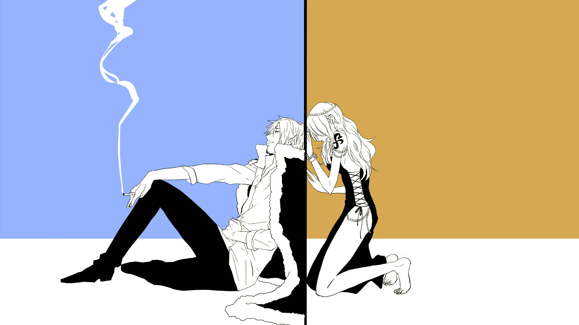 Sanji og Nami tager et stilfuldt pose i verden af ​​One Piece. Wallpaper