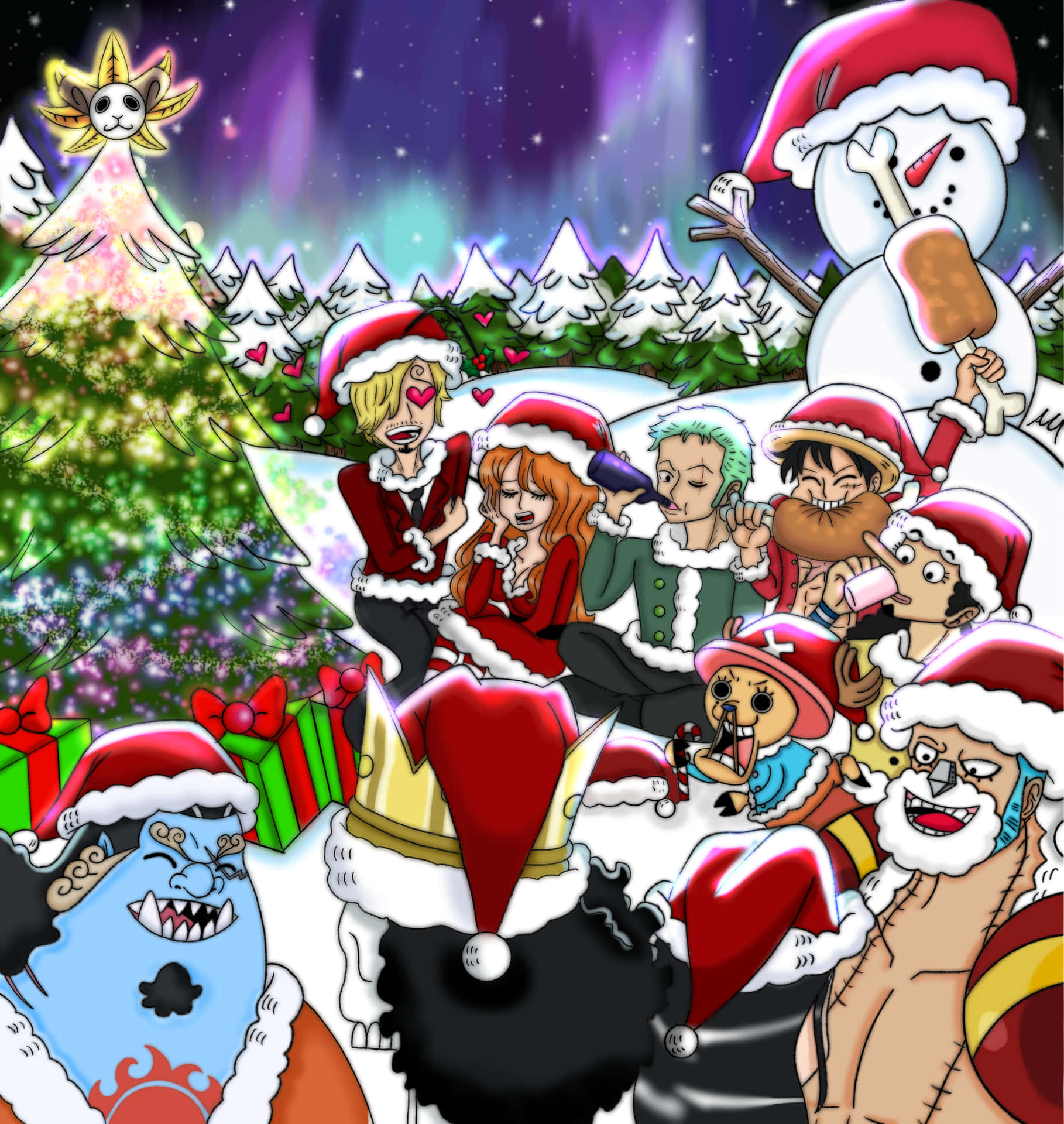 One Piece Straw Hat Pirates Christmas Celebration Wallpaper