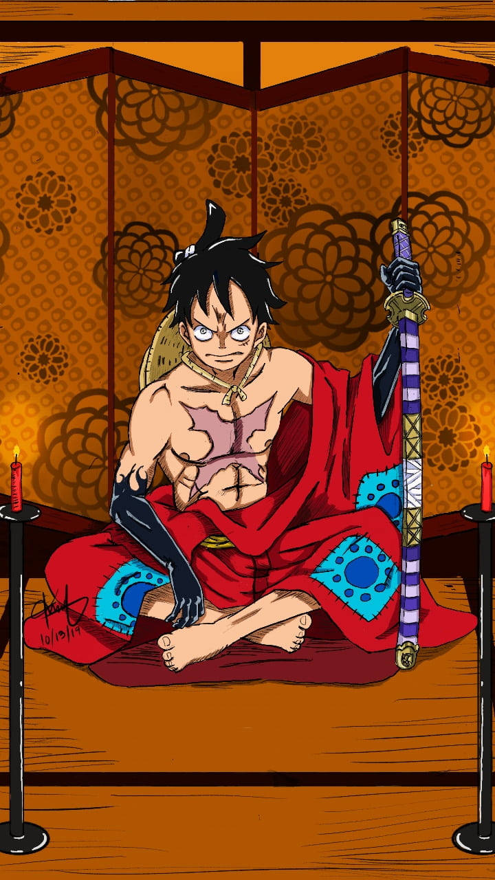 Umwallpaper De One Piece Wano Com Luffy Sentado. Papel de Parede