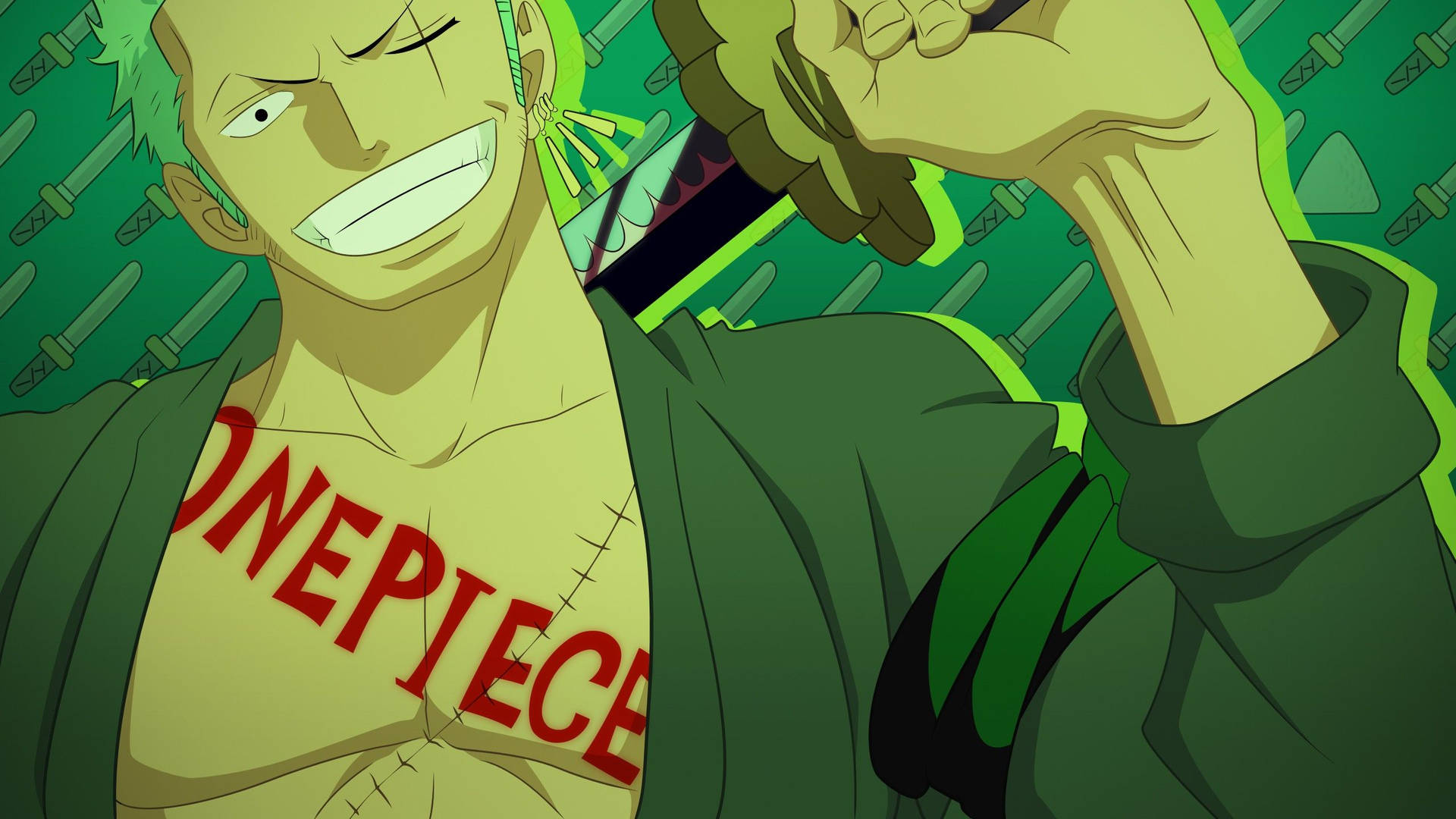 En One Piece Zoro-tapet I 4k Med En Grön Bakgrund. Wallpaper