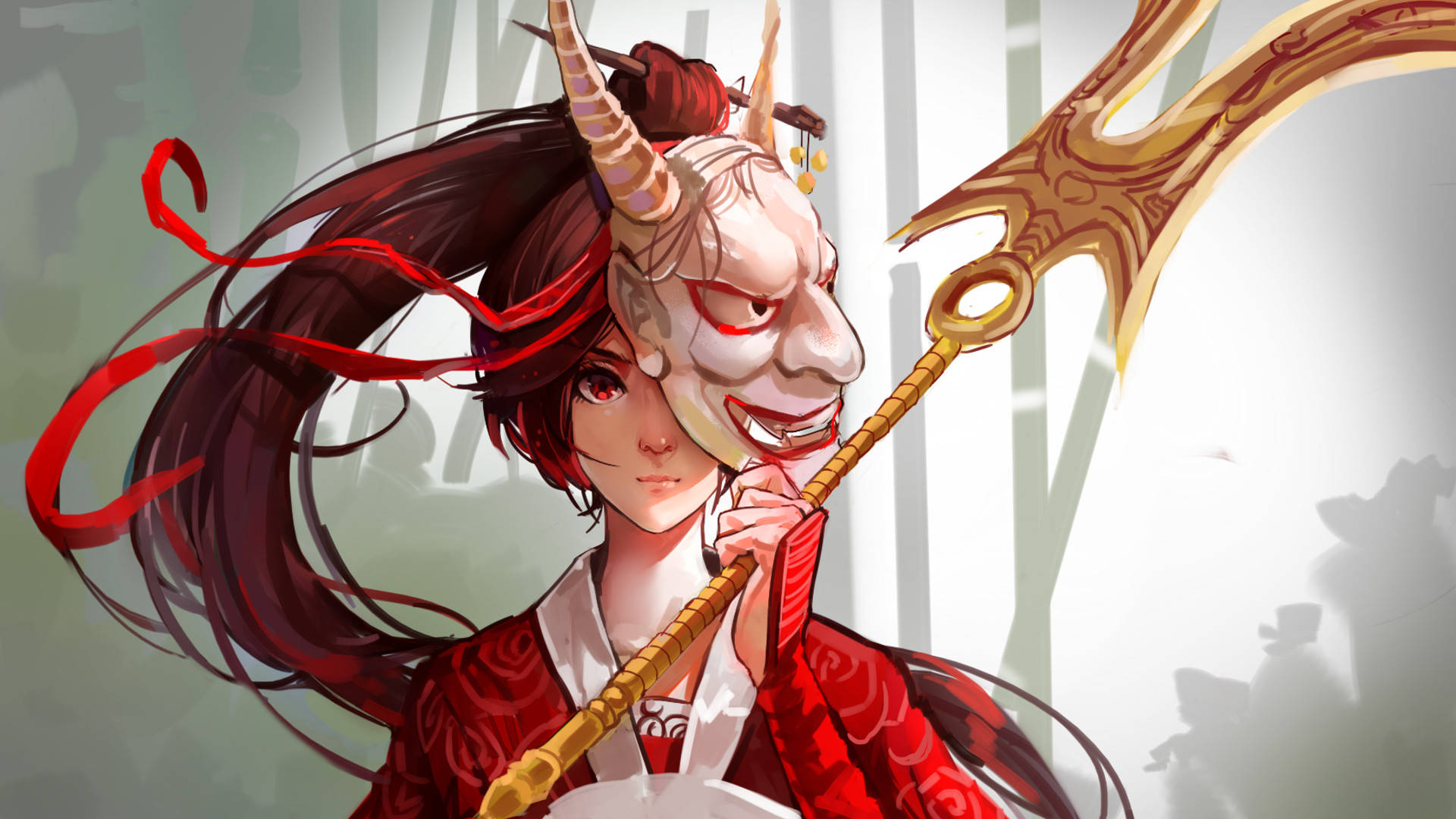 Oni Mask Spear Girl Wallpaper