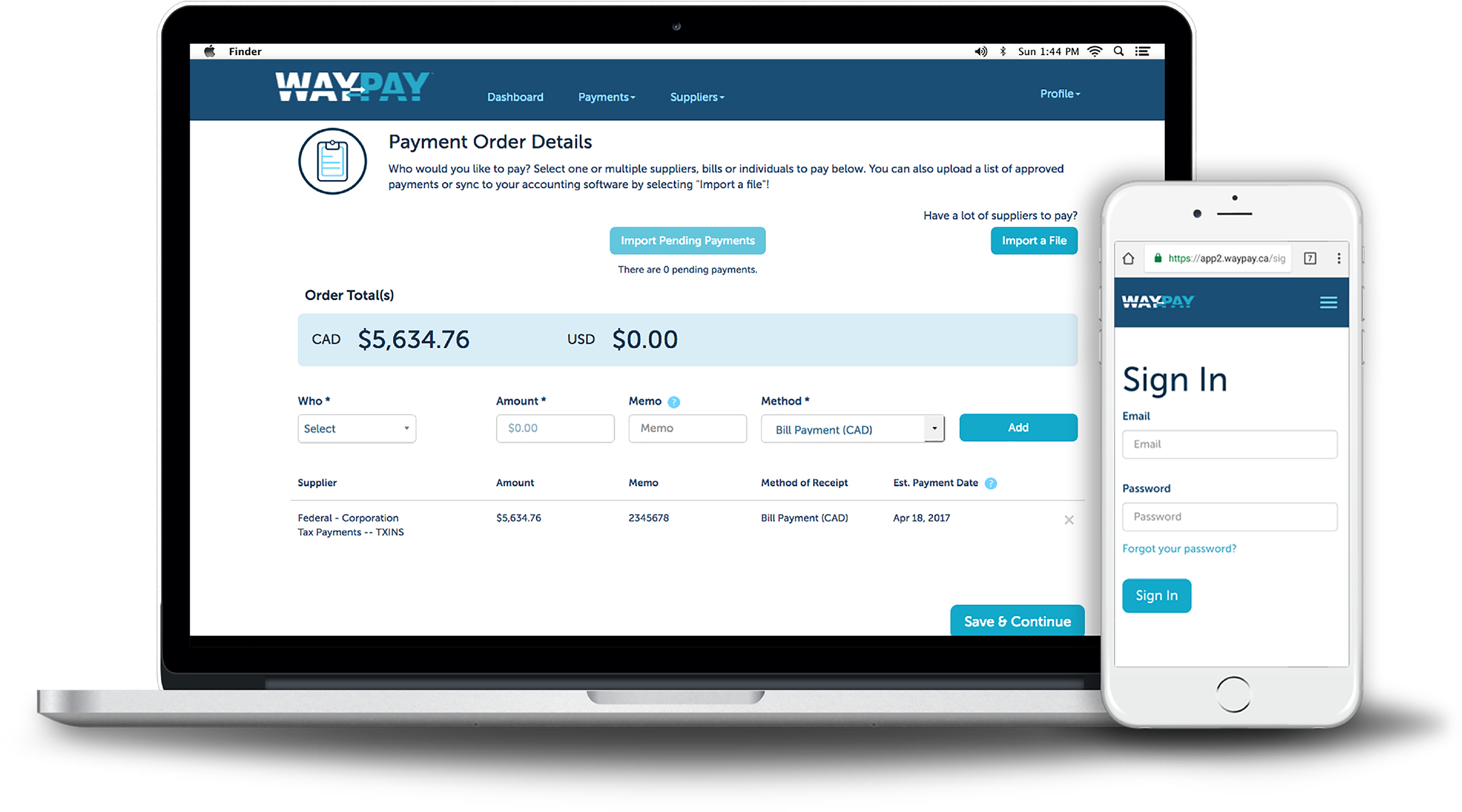 Online Payment Platform Interface PNG — A laptop and smartphone display the Waypay payment platform with order details and sign-in screen against a black background.