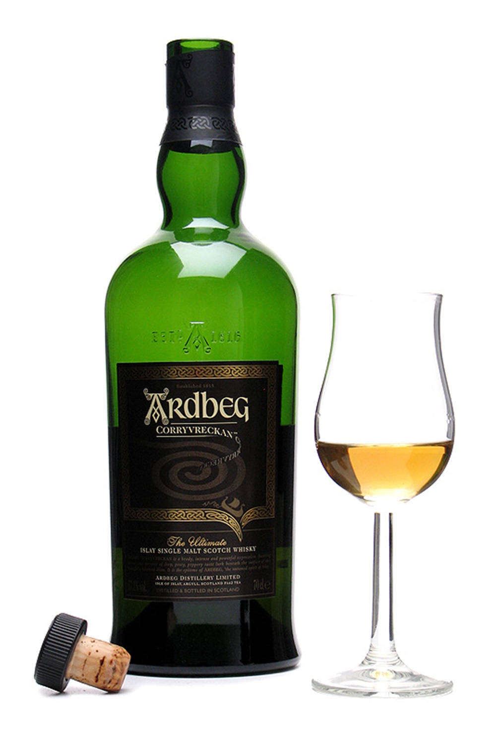 Exquisite Ardbeg Corryvreckan Whisky Bottle with Wine Glass Wallpaper