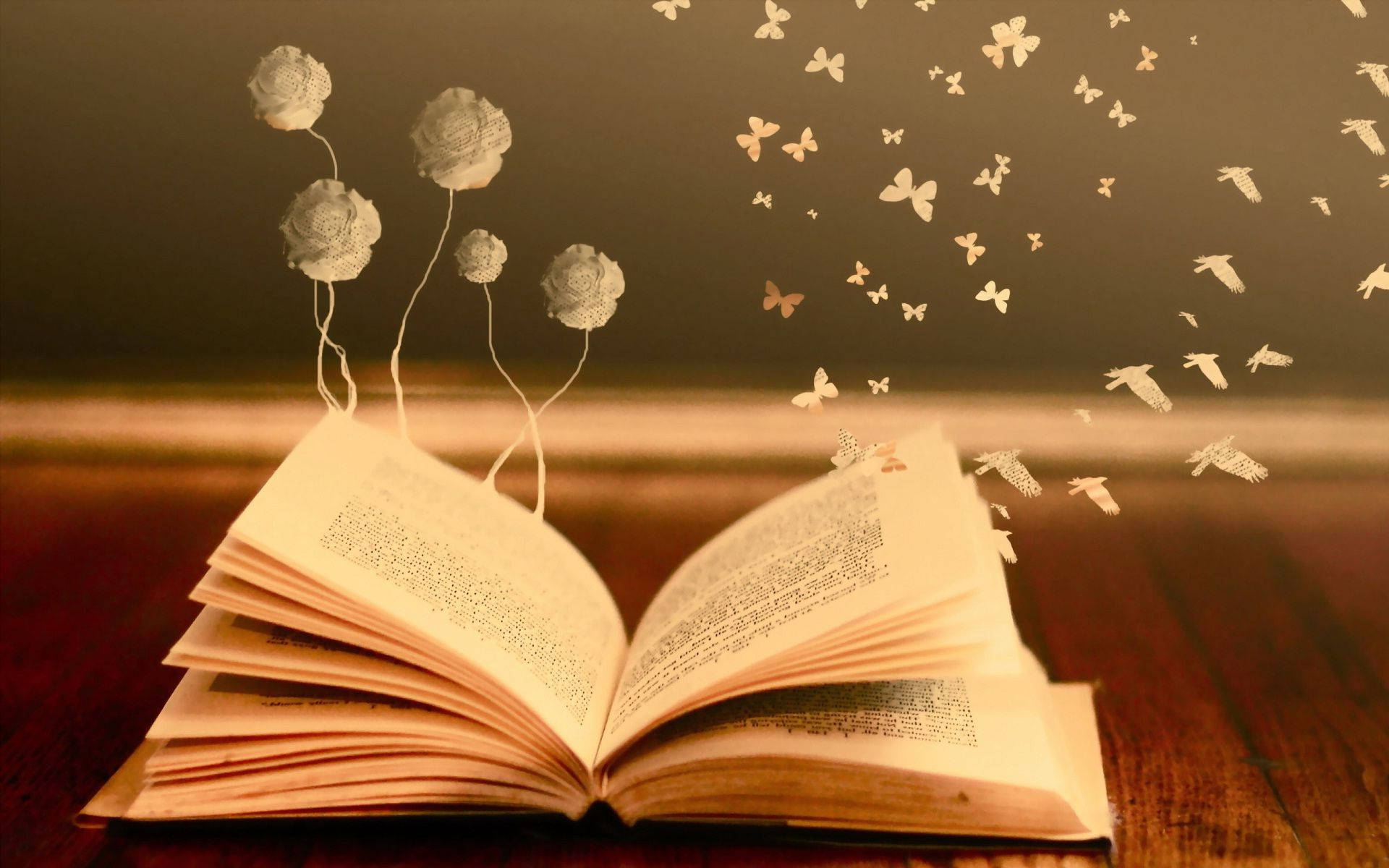 See the beauty of knowledge as butterflies and flowers peer through an open book Wallpaper