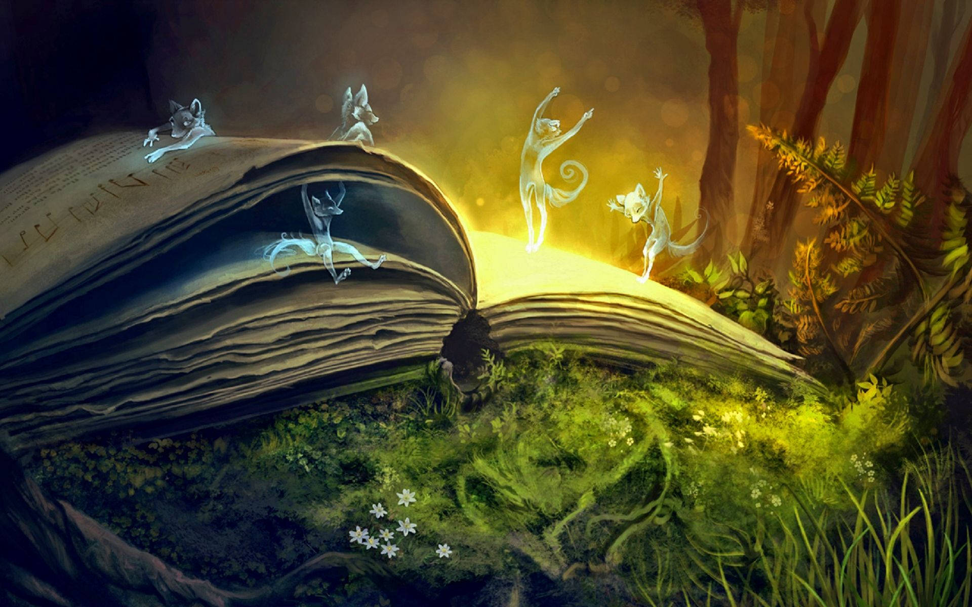 Open magical fantasy book with creatures on the pages wallpaper