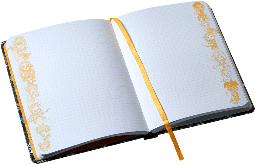 Open Notebookwith Decorative Elements PNG — An open gridded notebook with gold cartoon character borders and a yellow ribbon bookmark against a black background.