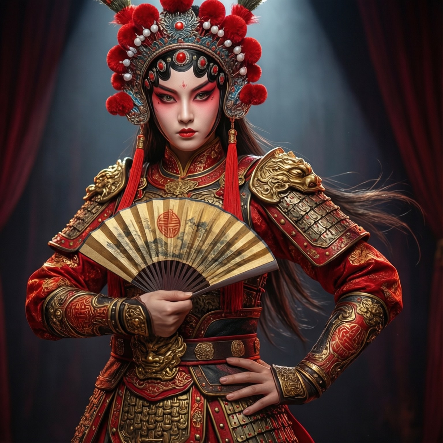 Akali kledd i et kinesisk opera-inspirert kostyme, som inntar en elegant positur.