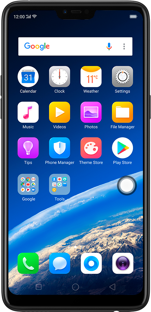 Oppo Smartphone Interface Display PNG — A smartphone displays a vibrant blue Earth wallpaper with snow-capped mountains and app icons on its home screen.