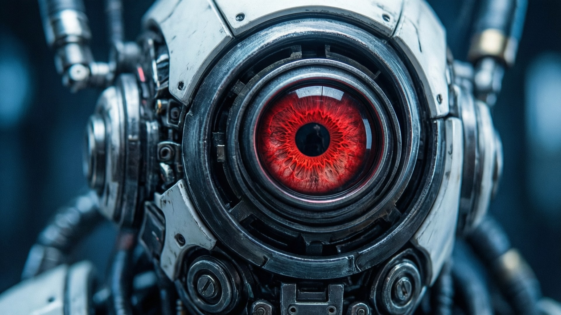 Intens närbild av GLaDOS röda öga med mekaniska detaljer.