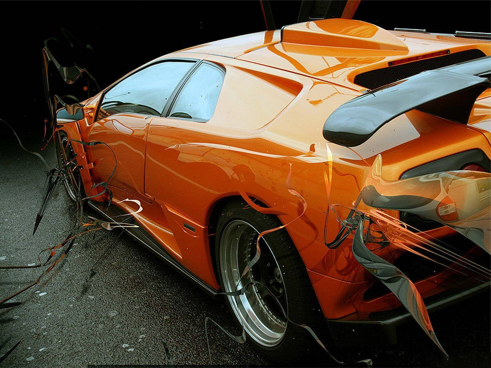 Orange 3D Car With Swirling Shapes Wallpaper