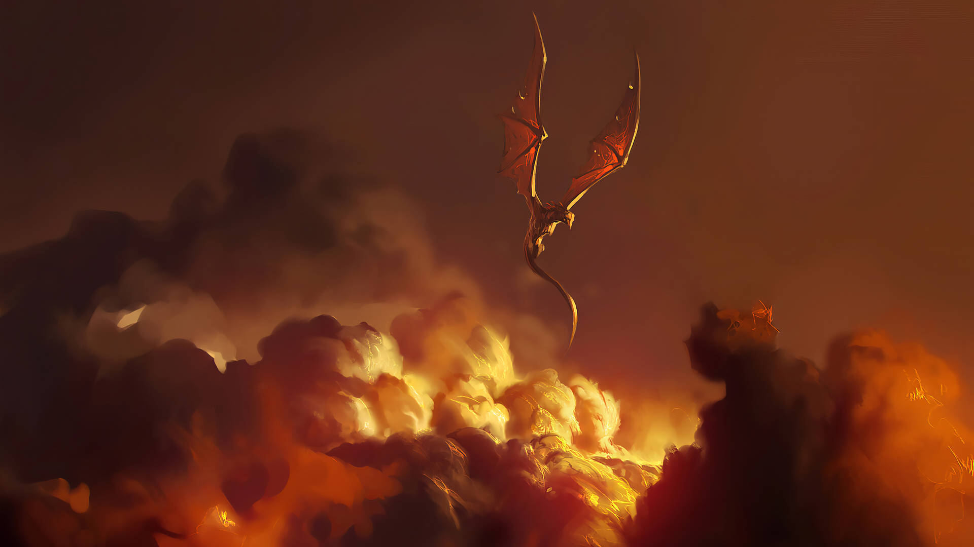 Pinturadigital En Naranja De Cielo En 4k Con Dragón. Fondo de pantalla