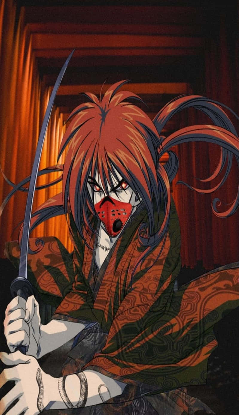 Orange Anime Kenshin Himura er på en smuk baggrund. Wallpaper