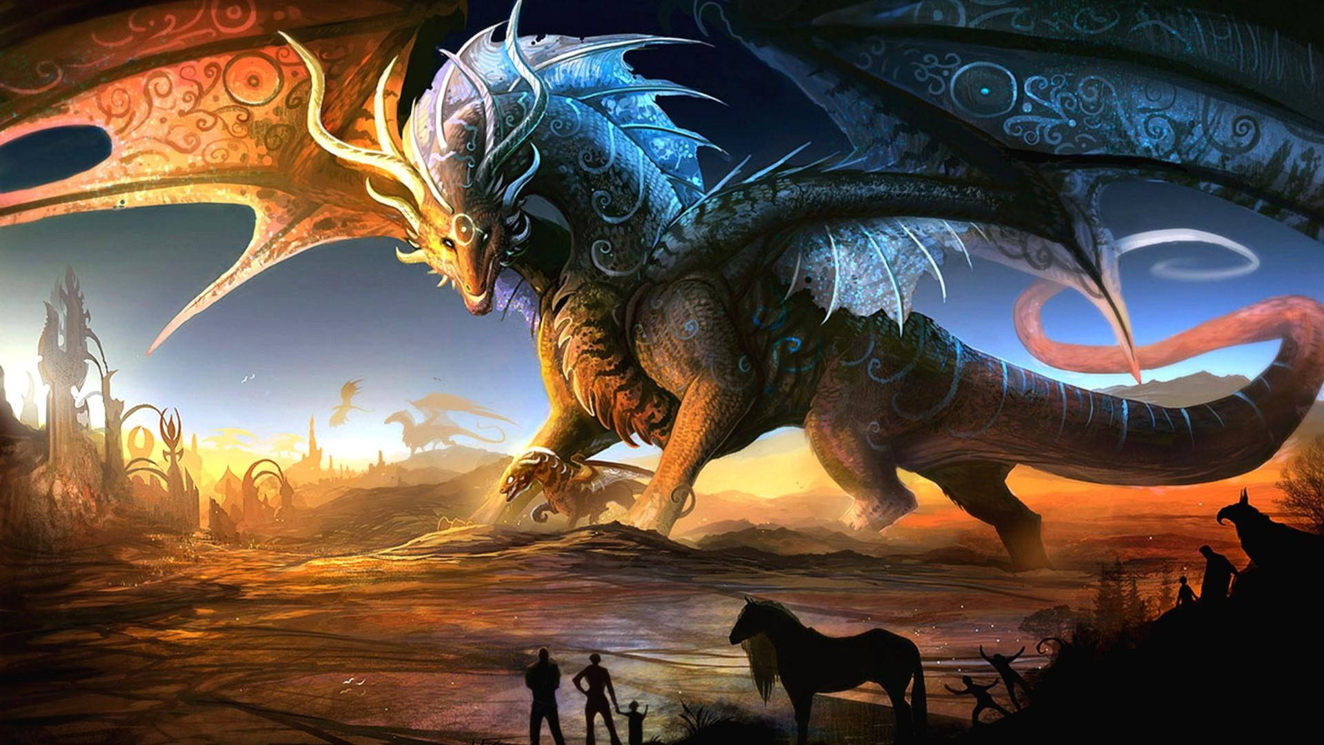 Orange Blue Dragons Mythical Creatures Wallpaper