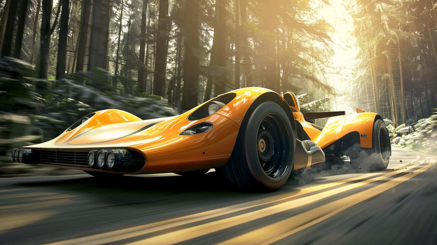 Orange Can Am Racecar Speeding Forest Road Wallpaper